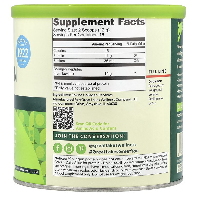Great Lakes Wellness Collagen Peptides 198g unflavored